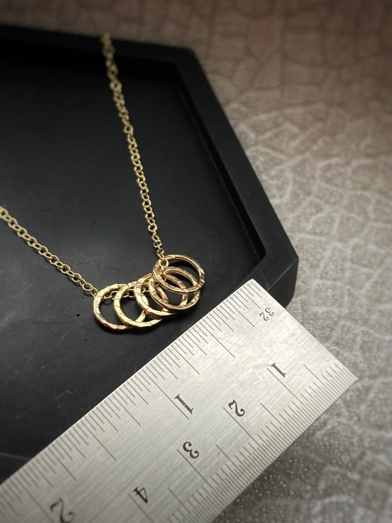 Solid 9ct gold 5 ring hoop pendant, a handmade hammered and textured necklace- 9mm