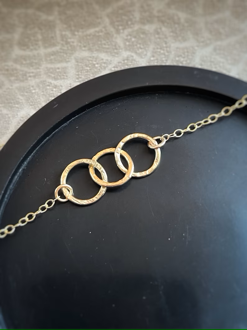 Solid 9ct gold, handmade hammered textured interlocking 3 circle necklace