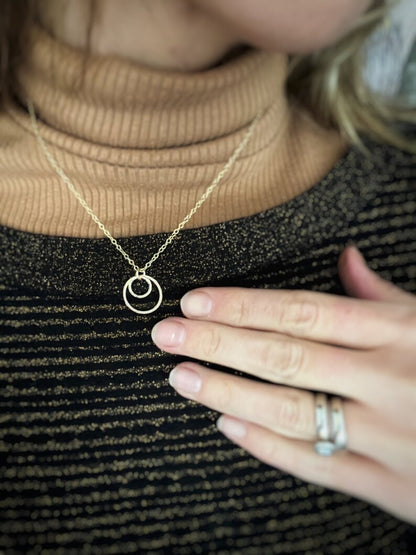 Solid 9ct gold interlocking circle pendant, a handmade hammered textured necklace