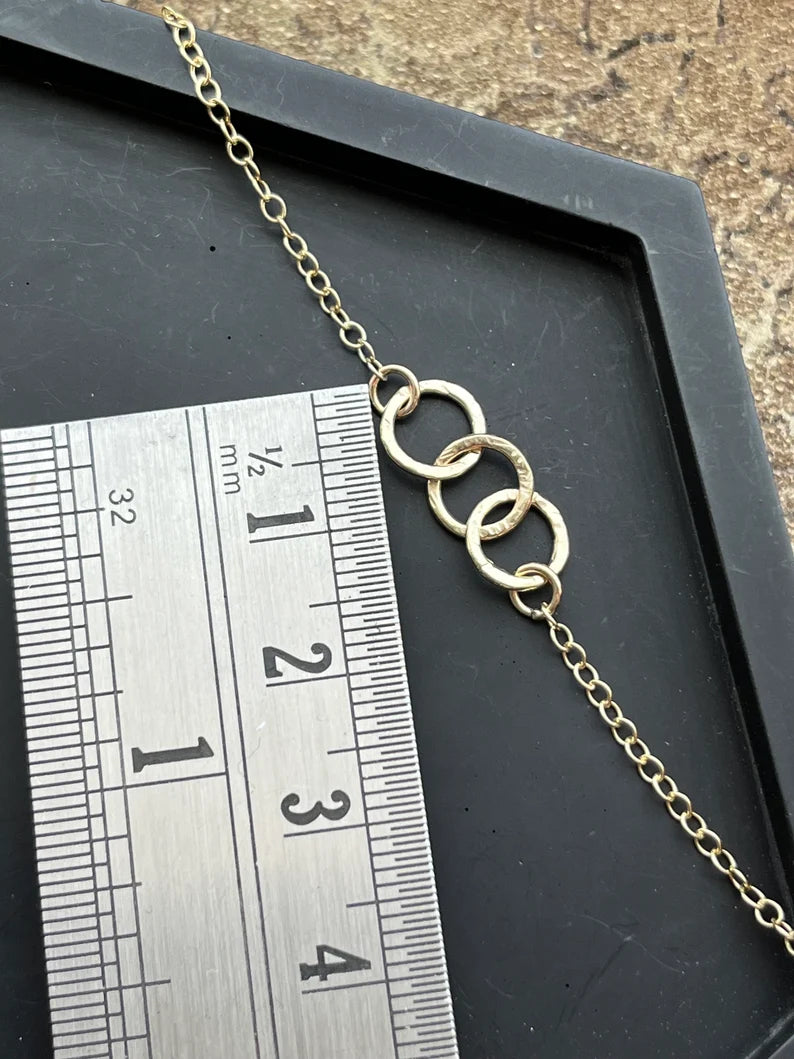 Solid 9ct solid gold interlocking, handmade hammered textured 3 small circle necklace- 7mm