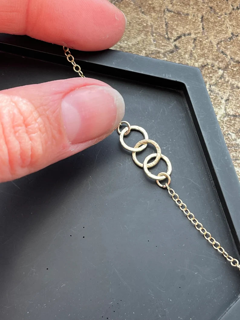 Solid 9ct solid gold interlocking, handmade hammered textured 3 small circle necklace- 7mm