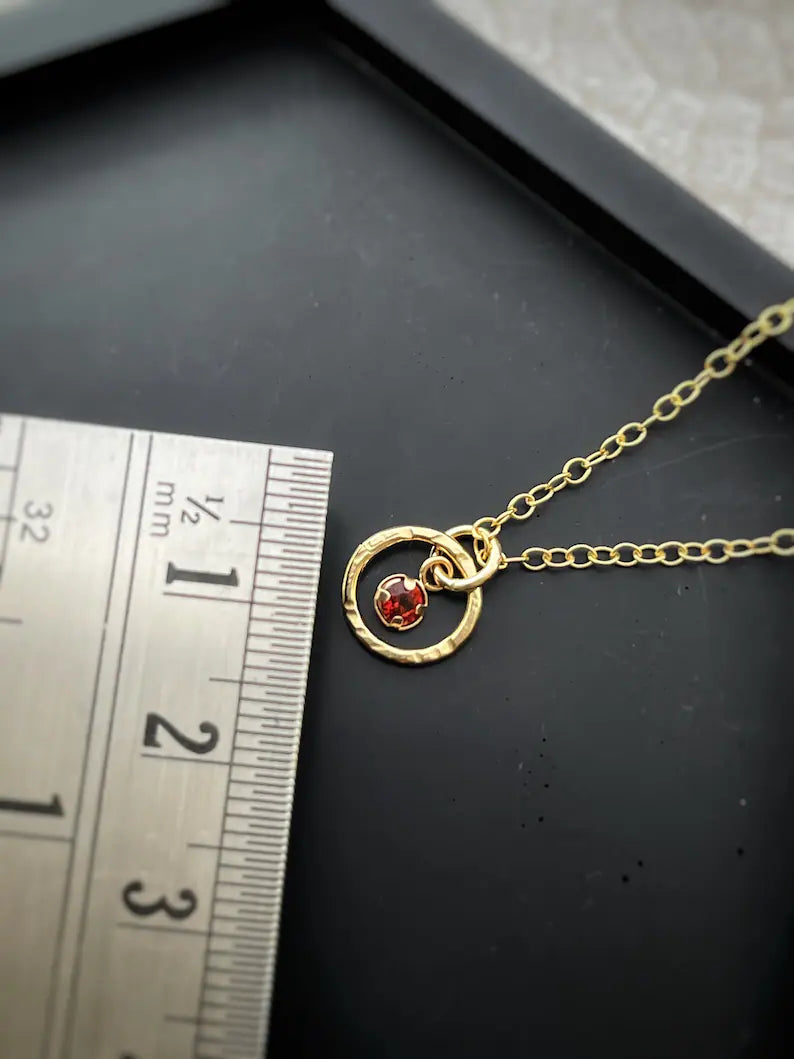 Solid 9ct gold birthstone hoop gemstone pendant, handmade hammered textured necklace 9mm