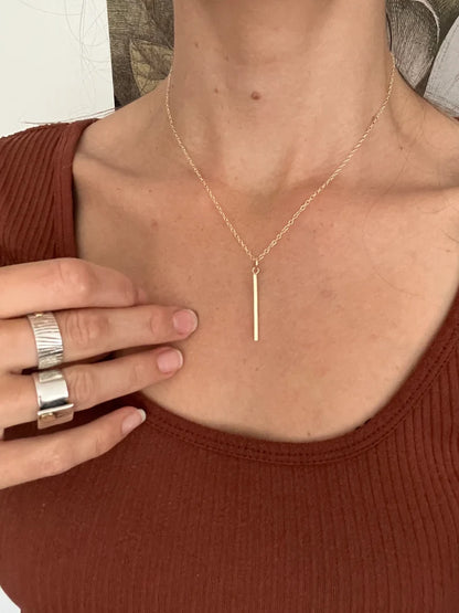 Solid 9ct gold smooth bar, handmade textured rectangle drop necklace