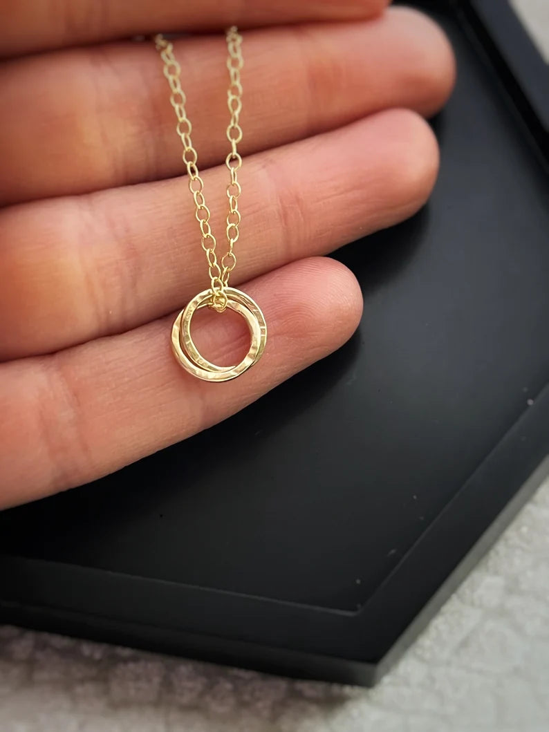 Solid 9ct gold interlocking hoop pendant, a handmade hammered double textured necklace- 9mm