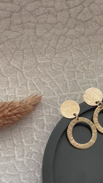 Solid 9ct yellow gold circle stud & drop earrings- hammered bark texture