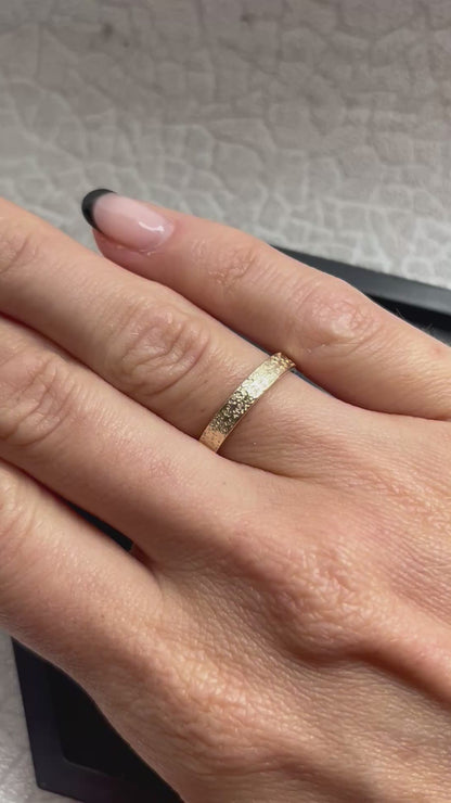 Solid 9ct yellow gold 3mm coastal beach sand delicate recycled gold flat band ring