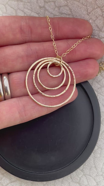 Solid 9ct gold statement interlocking 4 circle pendant, a handmade hammered textured necklace