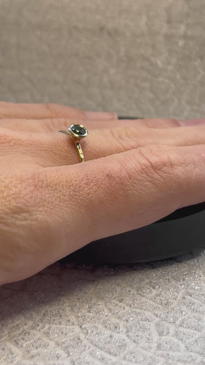 Solid recycled gold 9ct yellow hammered dainty delicate tree bark dark green sapphire ring