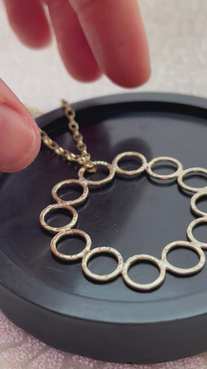 Solid 9ct gold 12 hoop statement circle pendant, a handmade hammered textured necklace