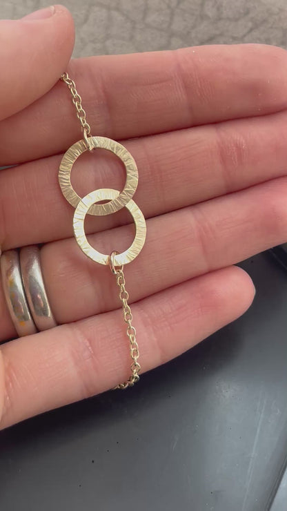 Solid 9ct gold large double interlocking circle hoop chunky chain, a handmade hammered textured necklace