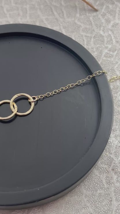 Solid 9ct gold , handmade hammered textured interlocking circle necklace