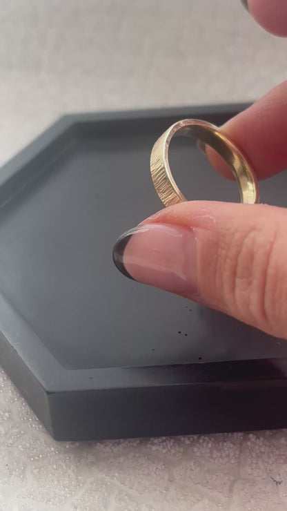 Solid 9ct recycled yellow gold 4mm flat outside, domed inside, hammered tree bark pattern unisex/ men’s band ring