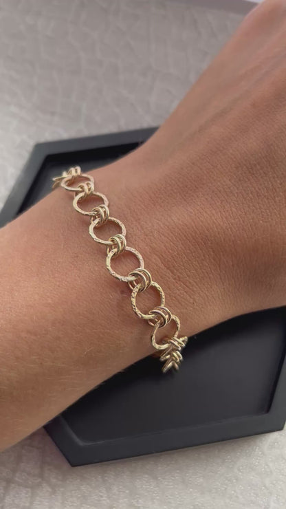 Solid 9ct gold hammered dimple sand coastal beach interlocking double yellow gold hoop bracelet