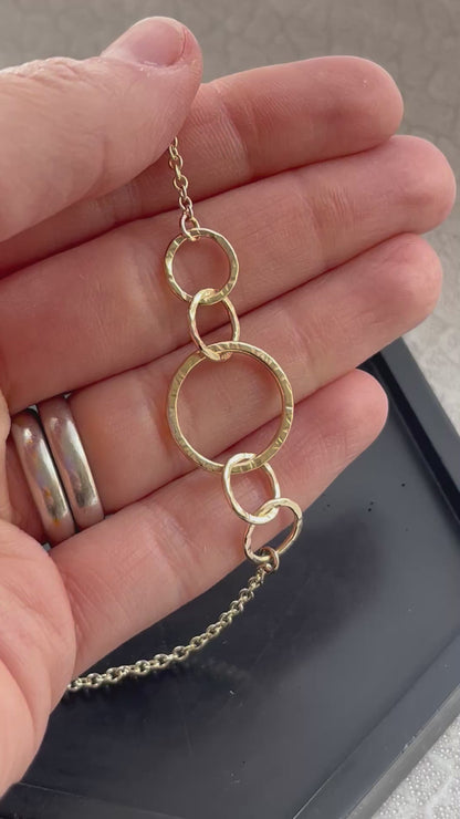 Solid 9ct gold 5 interlocking circle hoop heavy chain, a handmade hammered tree bark textured necklace