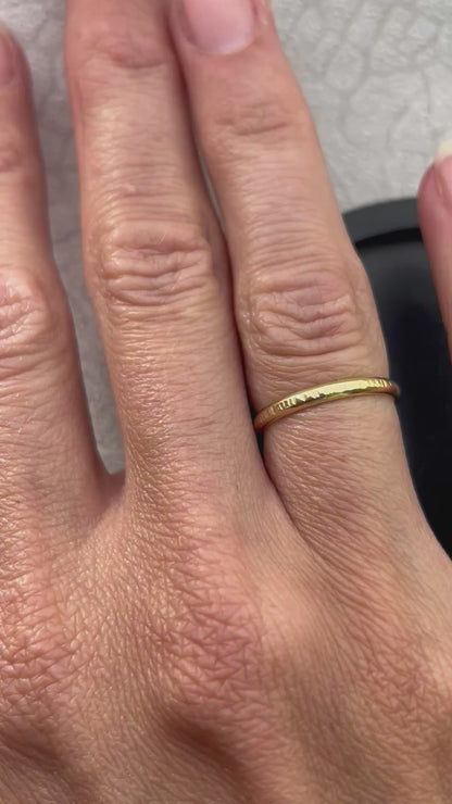 Solid 18ct yellow gold D section 2mm hammered tree bark textured hammered modern delicate recycled gold flat band ring