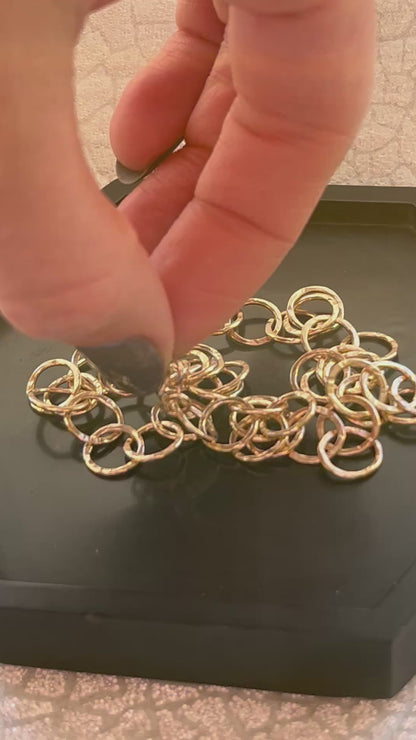 Solid 9ct recycled yellow gold, a hammered handmade hoop interlocking hoop tree bark texture necklace