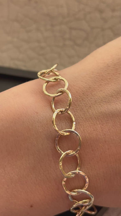 Solid 9ct gold hammered interlocking yellow gold hoop bracelet