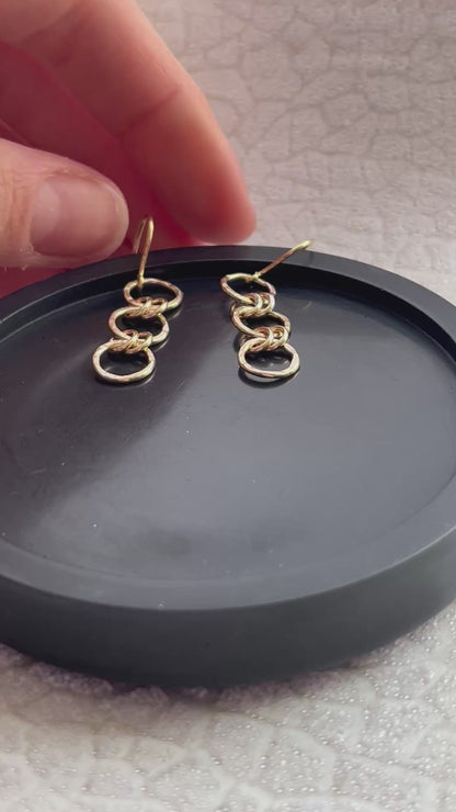 Solid 9ct yellow gold round hammered tree bark texture chain mail statement dangly earrings, 28mm length, 38mm drop length