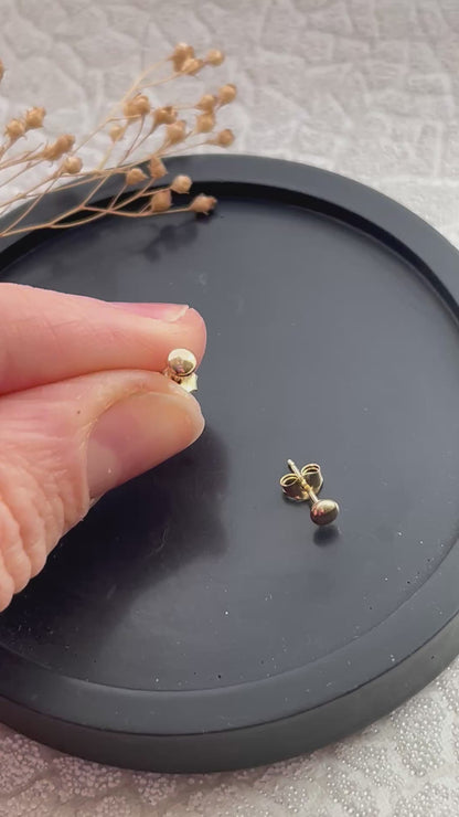 Teeny tiny, 9ct yellow gold round beach pebble stud earrings- 3mm