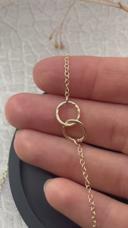 Solid 9ct gold , handmade hammered textured interlocking circle necklace