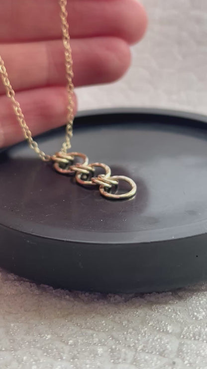 Solid 9ct gold chainmail ring hoop pendant, a handmade hammered tree bark texture pendant, 30mm length