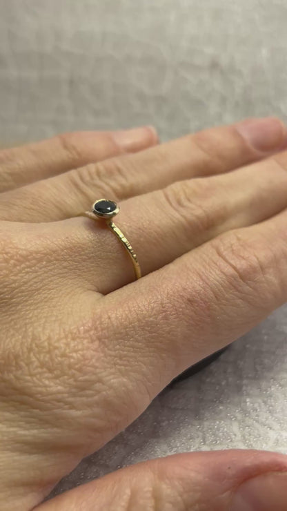 Solid recycled gold 9ct yellow hammered dainty delicate tree bark blue Tourmaline ring