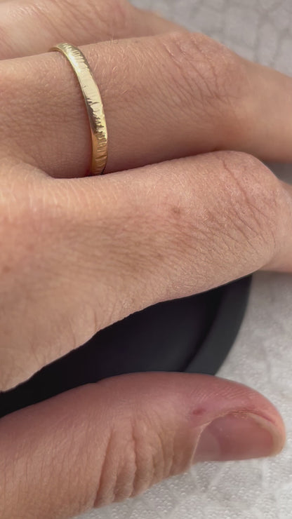 Solid 9ct yellow gold D shape 2mm tree bark textured hammered delicate recycled gold band ring