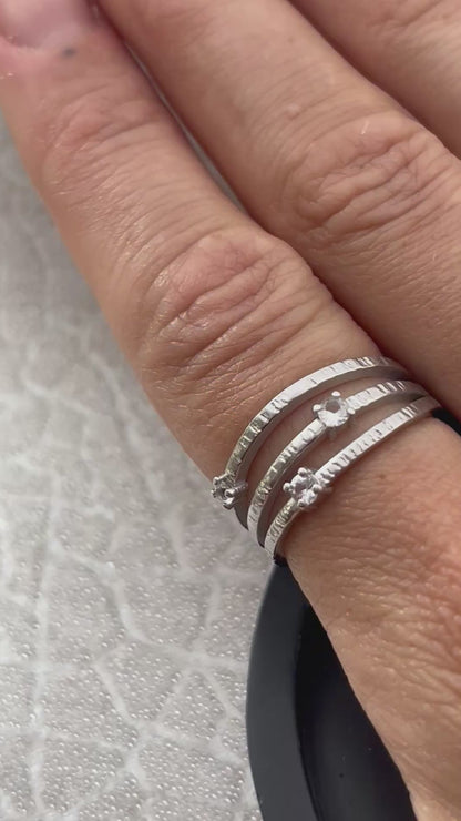 Solid White 9ct Recycled Gold & Natural Diamond Triple Band Ring Handmade, Bark Textured, Nature-Inspired Statement Ring