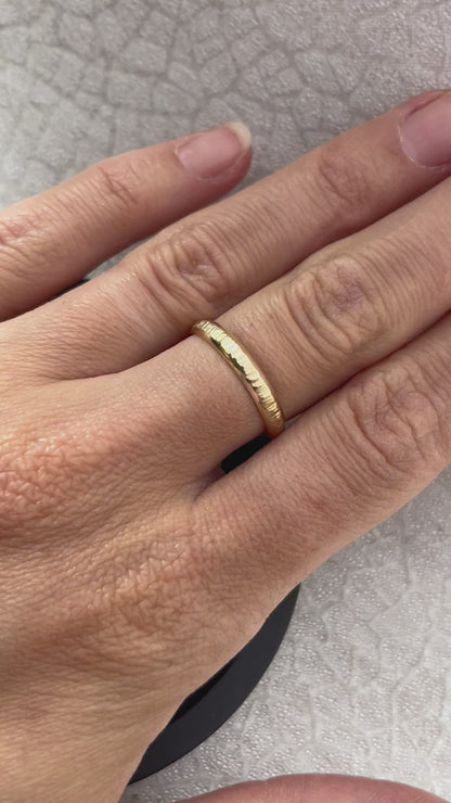 Solid 9ct yellow gold D shape 3mm tree bark textured hammered delicate recycled gold flat band ring