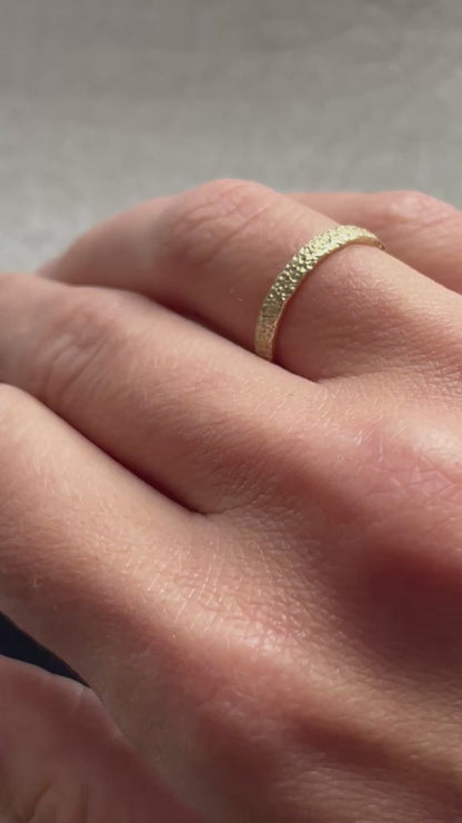 Solid 9ct yellow gold 2mm coastal beach sand delicate recycled gold flat band ring